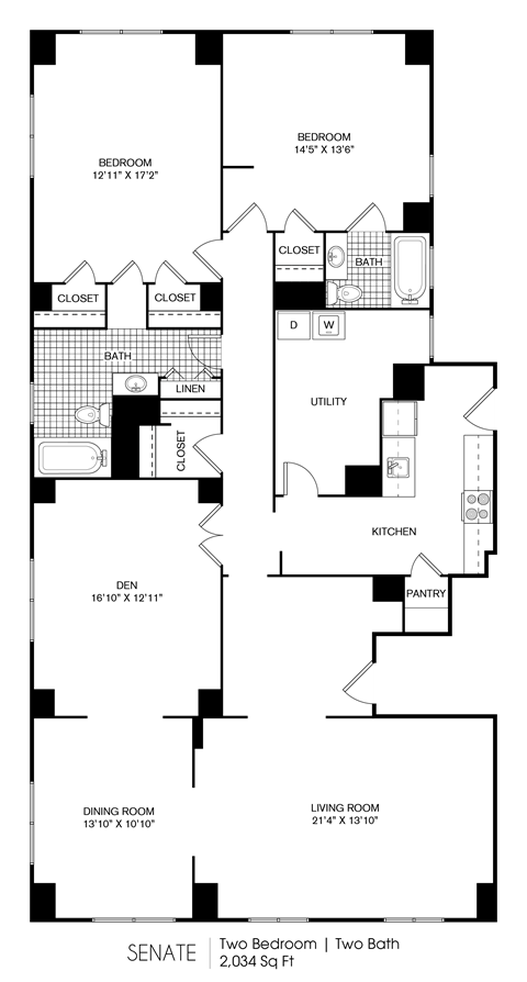 Floor plan for 2 beds, 2 baths, 2034 sqft